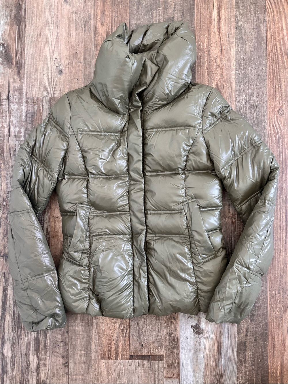 Coatology New York Olive Quilted Puffer Coat with High Collar